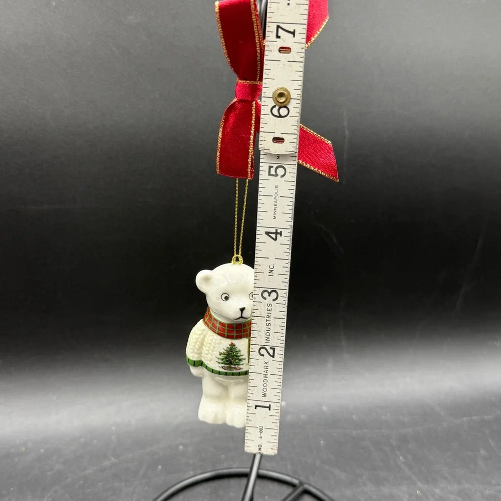 Spode Christmas Tree Polar Bear Ornament Ceramic White Red Green Plaid Scarf‎